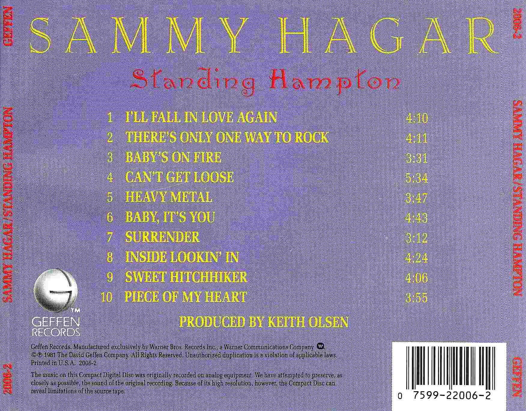 Sammy Hagar Standing Hampton (1981) : Back.